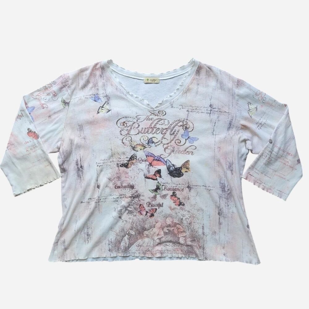 Vintage Y2K Cactus Butterfly Garden Top Fairycore Graphic Blouse
